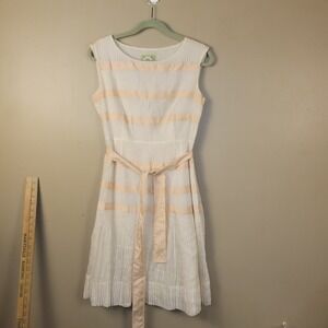 Elizabeth McKay Silk Pleated Dress Women 4 Ivory Peach Sleeveless Midi Belted